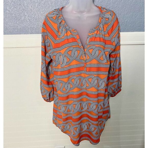 Mud Pie Orange Chain Link Print 3/4 Sleeve Shirt Dress - Picture 1 of 7